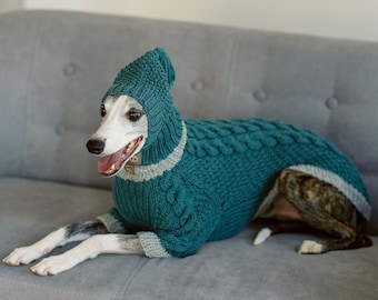 Greyhound sweater and hat set Wool Whippet clothing Hand knit Windhund jumper Cable knit large dog clothes