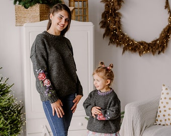 Wool mom and daughter matching sweaters Clothing set Floral hand knit matching outfits Toddler girl jumper