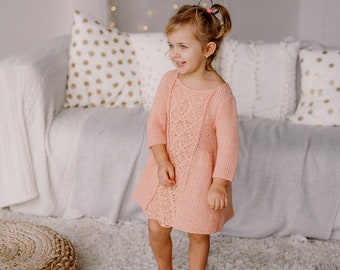 Peach girl dress Long sleeve Hand knit toddler girl dress Crochet kids clothing