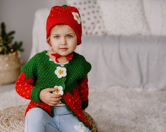 Strawberry sweater and hat set Hand knit Toddler cardigan Button up sweater for kids