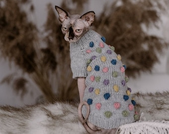 Sphynx cat sweater Popcorn knit Merino wool hand knit cat clothing Devon rex costume Hairless cat pom pom jumper