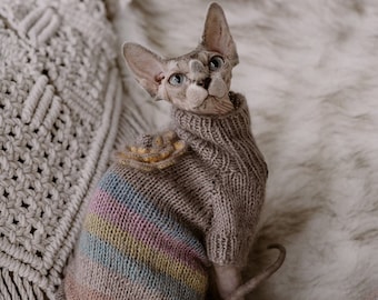 May include: A hairless cat wearing a brown and pink striped knitted sweater with a cable knit pattern. The cat is sitting on a white fluffy surface.