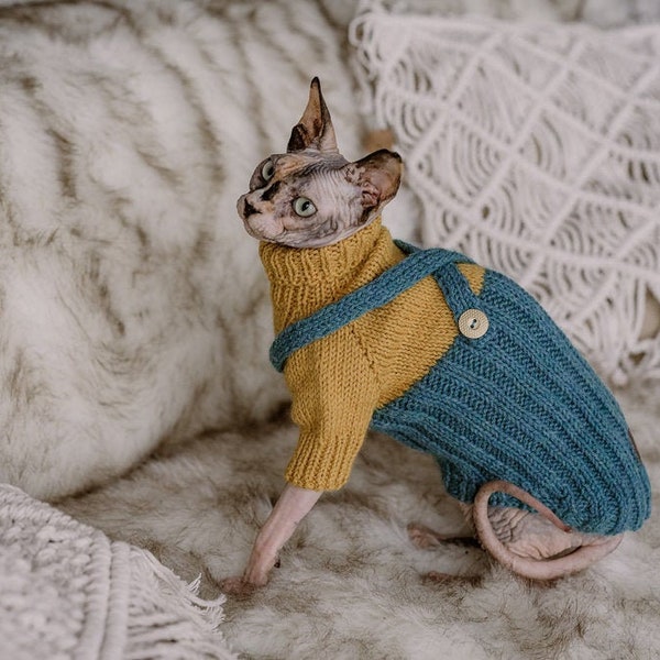 Hand knit Sphynx cat jumpsuit Alpaca wool sweater for cat Devon rex overall Pet clothing cat costume with suspenders