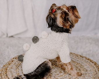 Hand knit pom pom small dog sweater wool dog clothes White ribbed hem chihuahua sweater