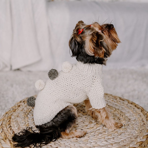 Tricot à la main pom pom petit chien pull laine chien vêtements pull chihuahua ourlet côtelé blanc