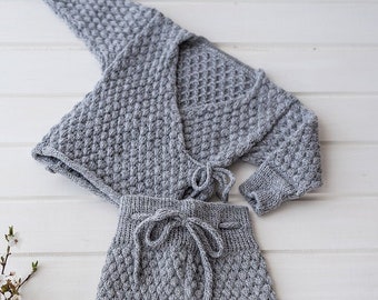 Crochet two piece set for baby Merino wool knitted clothing set Grey baby outfit Knit baby pants and sweater