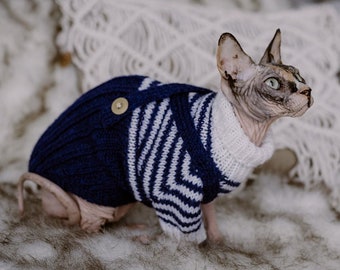 Adorable Hand-Knit Cat Sweater - Nautical Sailor Style in Blue and White - Knitted Wool Overall