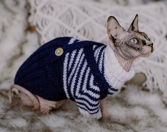 Entzückender Handgestrickter Katzen Pullover - Maritimer Stil in Blau und Weiß - Schurwolle Overall