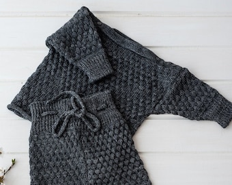 Grey baby sweater and pants set Knit baby take home outfit Merino wool baby clothes set Newborn knitwear