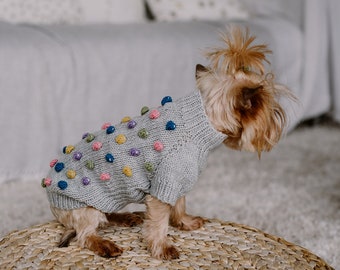 Small dog sweater Hand knit puppy or cat sweater Yorkshire terrier jumper Merino wool pom pom dog popcorn sweater