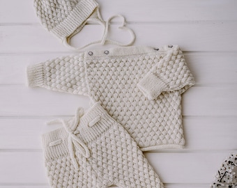 Coming home outfit Wool Knit Newborn sweater set Baby knit hat White knitted pants set Newborn knit clothing