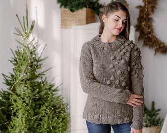 Wool pullover for women Hand knit sweater Pom pom Warm sweaters
