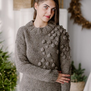 Wool pullover for women Hand knit sweater Pom pom Warm sweaters image 4