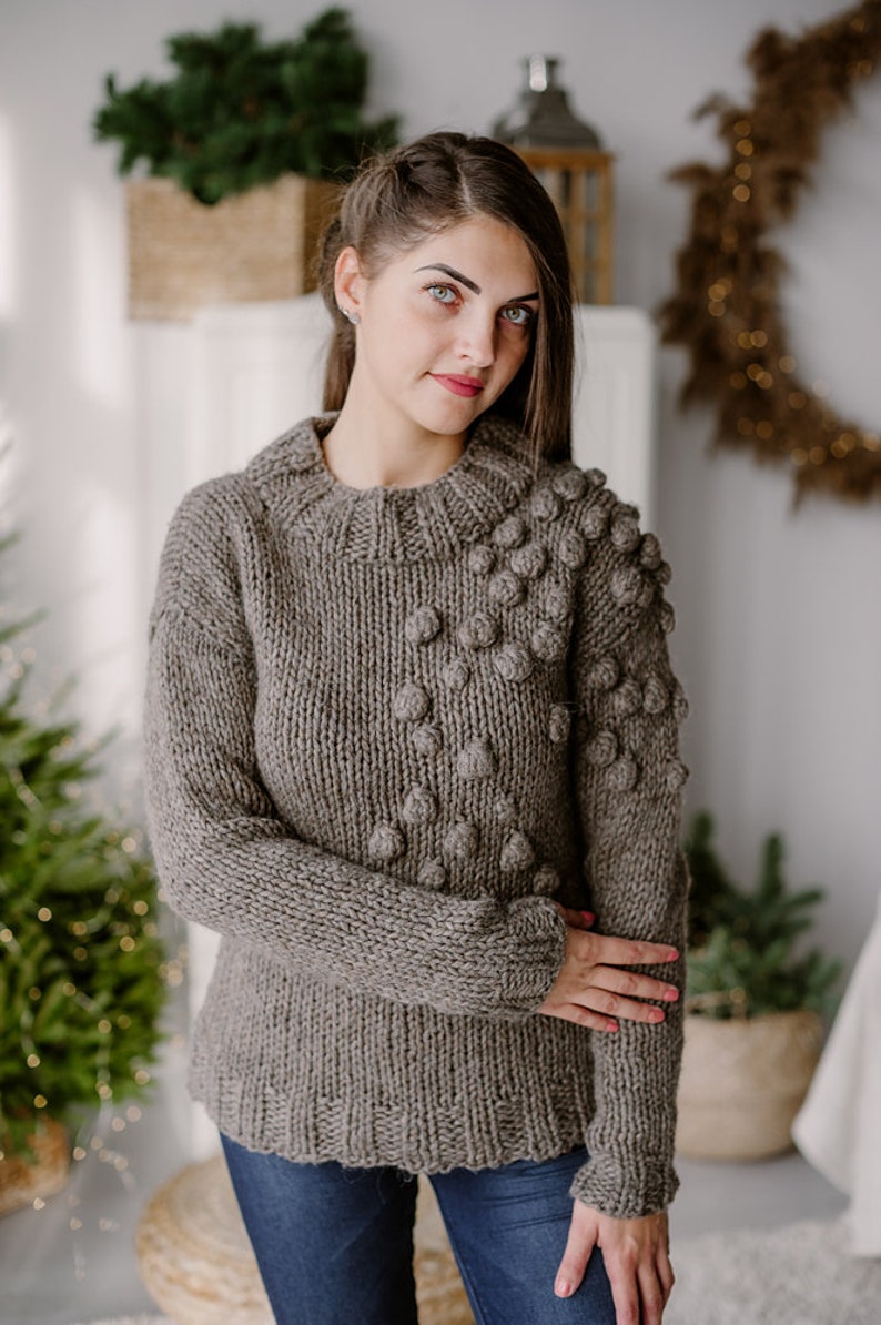 Wool pullover for women Hand knit sweater Pom pom Warm sweaters image 4