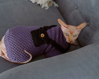 Cat sweater with pocket for treats Hand knit Sphynx cat jumper Merino wool Cotton cat clothes