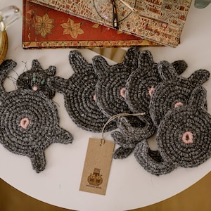Crochet cat coaster set of 6 Mug rugs Cat lady mug mat Knitted trivets Cat butt coasters Table decor