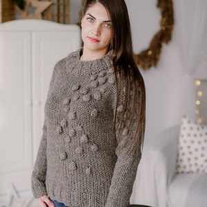Wool pullover for women Hand knit sweater Pom pom Warm sweaters image 2
