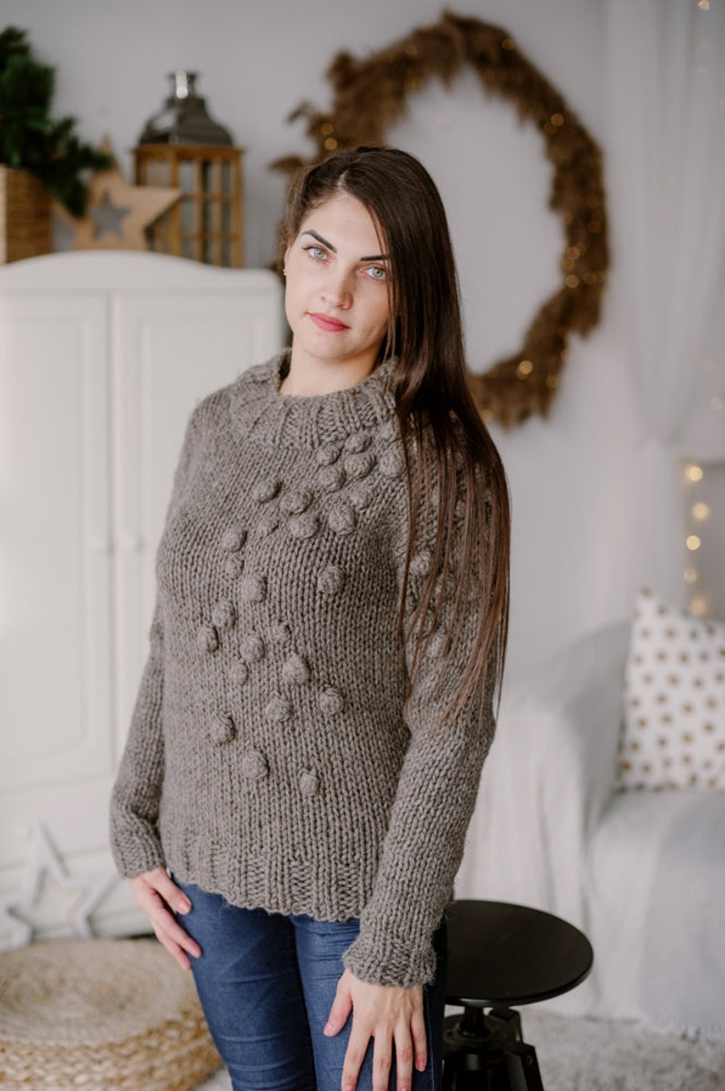 Wool pullover for women Hand knit sweater Pom pom Warm sweaters image 2