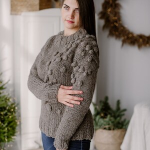 Wool pullover for women Hand knit sweater Pom pom Warm sweaters image 3