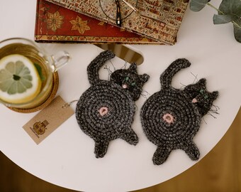 Crochet cat butt coasters Mug rugs Wool knit cat lady mug mat set of 4 Knitted trivet Kitty coffee drink coasters