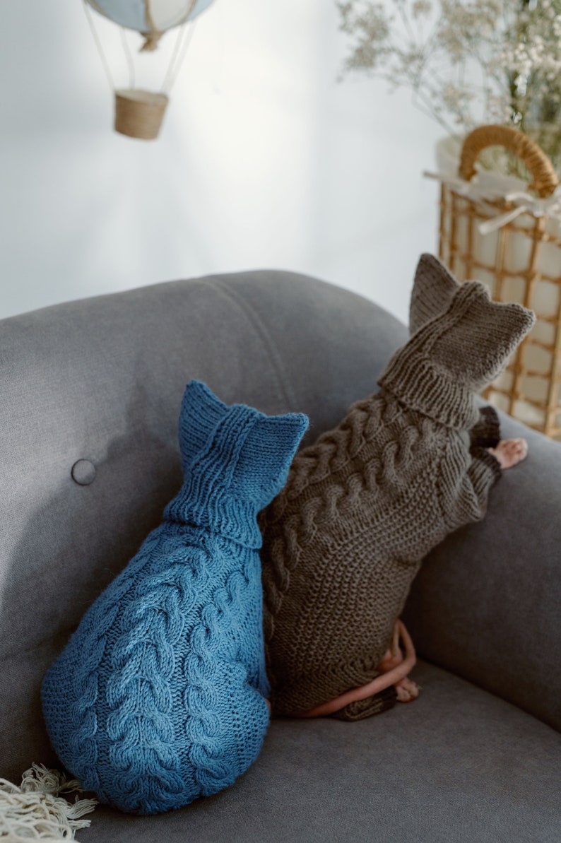 K&ouml;nnte beinhalten: Zwei Katzen tragen gestrickte Pullover. Die Katze links tr&auml;gt einen blauen Pullover mit Zopfmuster. Die Katze rechts tr&auml;gt einen braunen Pullover mit Zopfmuster.