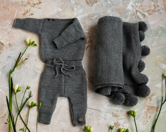 Alpaca Wool Baby Set - Pants, Sweater and Baby Blanket - Merino Wool Baby Coming Home Outfit - Baby Boy Gift