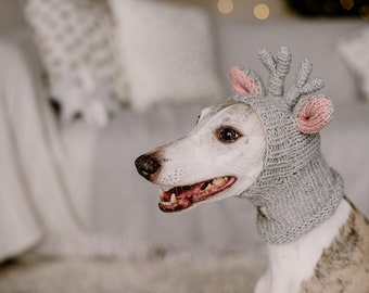 Rentier Hund Mütze Handstrickhund Whippet Ohrwärmer Gestrickter Snood mit Geweih Windhundschal