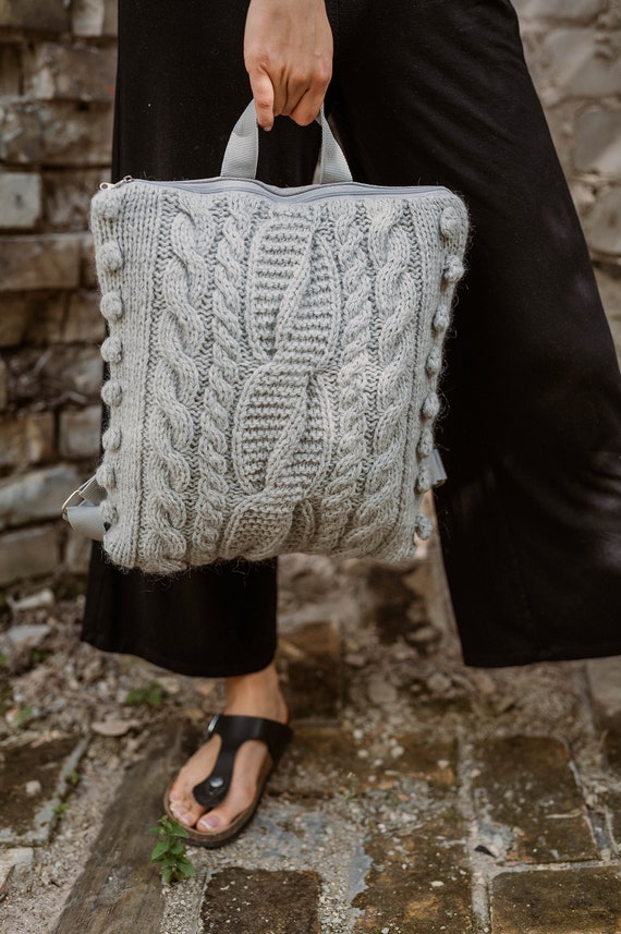 Hand knitted unique elegant backpack Handmade Knit Backpack: Vegan Leather Straps, Drawstring  main image 4