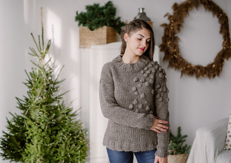 Wool pullover for women Hand knit sweater Pom pom Warm sweaters image 1