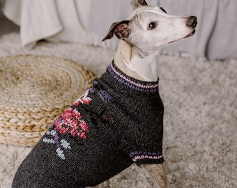 Italian greyhound sweater Hand knit Whippet sweater Flower pattern big dog clothing Grey jumper wear