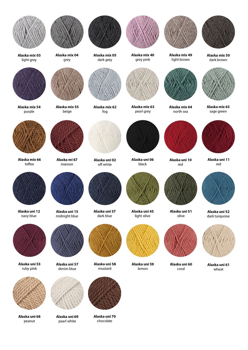 May include: A chart of 21 different colors of yarn, labeled with the names "Alaska mix" and "Alaska uni" followed by a number. The yarn is arranged in rows of six, with the last row having only five colors.