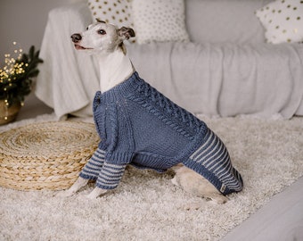 Op de afbeelding: Een grijze en witte hond draagt een blauwe gebreide trui met kabeldetails en gestreepte manchetten. De hond zit op een wit tapijt. De trui heeft een knoopsluiting.