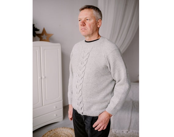 Hand knit mens sweater Cable knit jumper Light grey wool preppy warm  sweater pullover