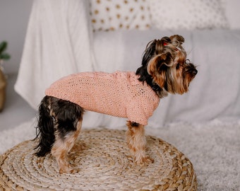 Dog jumper Peach wool knit sweater for dog or cat Hand knit orange pullover One of a kind puppy clothing