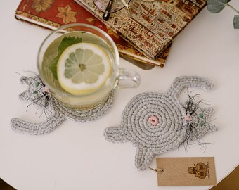 Whimsical Cat Butt Crochet Coaster Set - Set of 4 - Handmade Cat Lover Drink Rug Mug Mats - Unique Home Decor and Gifts