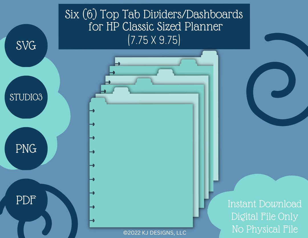 Six 6 Top Tab Dividers/dashboards for HP Classic Sized Planner 7 X 9.25
