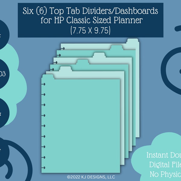 Six (6) Top Tab Dividers/Dashboards for HP Classic Sized Planner (7 X 9.25) - DIGITAL ONLY