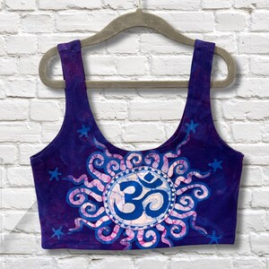 Peaceful Om Batik Crop Top - The First Vibration - Aum - Hand Painted Batik - Yoga Shirt - Sports Bra - Women’s Sizes Small and Large