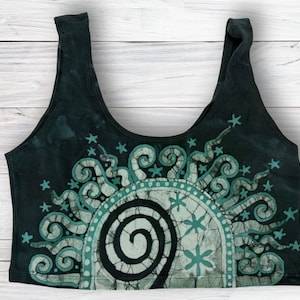 Aqua Swirl Batik Crop Top - Hand Painted Batik - Yoga Shirt - Sports Bra - Women’s Sizes Small to Xtra Large