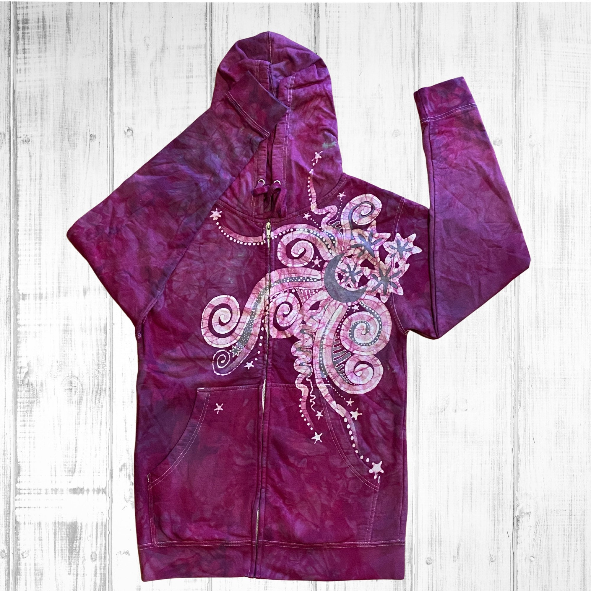 Steel Berry Sky Batik Sweatshirt - Hand Painted Batik Zip-up