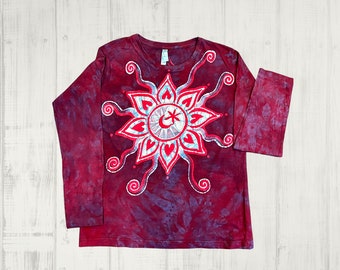 Hand Painted Batik - Moon and Stars Heart Flower - Long Sleeve T-Shirt