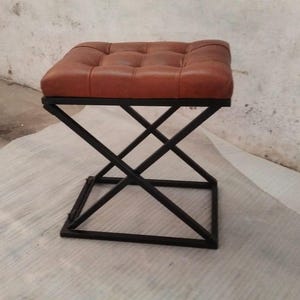 Handmade Leather Foldable Metal Stool – Compact Rustic Seating