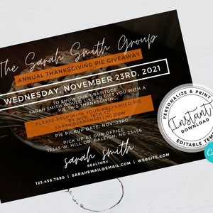 Real Estate Pie Giveaway, Agent Pie Gift, Agent Thanksgiving, Agent Pie Cards, Real estate marketing, Editable, Canva, Instant Download