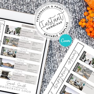 May include: A printable house hunting schedule template with a grey background and a white border. The template includes a section for each house with a photo, address, date, time, and details about the house, such as square footage, bedrooms, and bathrooms. The template also includes a section for notes. The text "Instant Download Editable Template" is in a circle at the top of the page. The text "Canva" is at the bottom of the page.