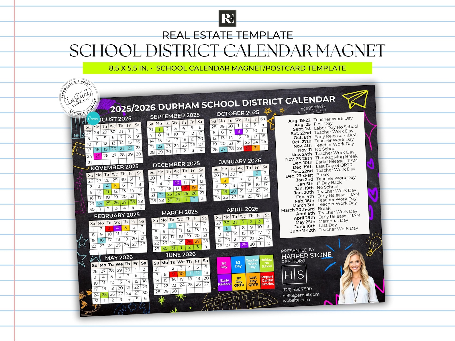 Customizable 2025-2026 School Calendar Mailer, Canva Template, Fall ...