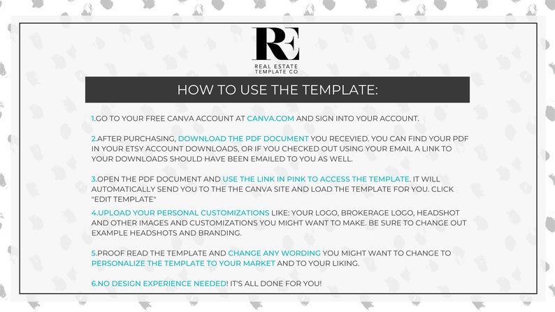 May include: A white background with black text outlining how to use a Canva template for real estate. The text includes instructions on how to download the template, customize it, and personalize it to your market.