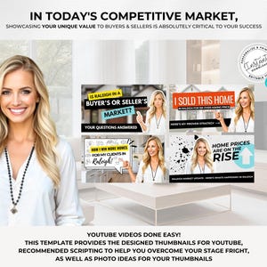 May include: Image featuring a smiling woman with blonde hair, alongside YouTube thumbnail templates. Text includes "In Today's Competitive Market" and "YouTube Videos Done Easy!" The thumbnails cover real estate topics.