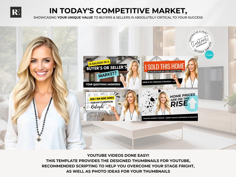 May include: Image featuring a smiling woman with blonde hair, alongside YouTube thumbnail templates. Text includes "In Today's Competitive Market" and "YouTube Videos Done Easy!" The thumbnails cover real estate topics.