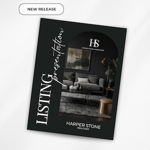 May include: A black presentation cover with the text "LISTING presentation" in white script. The cover features a photo of a modern living room and the Harper Stone Realtors logo. A "NEW RELEASE" label is in the top left corner.