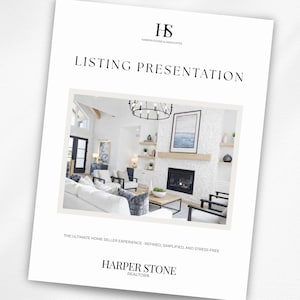 Pode incluir: Um documento branco intitulado "LISTING PRESENTATION" com o logotipo Harper Stone. O documento apresenta uma foto de uma sala de estar moderna com lareira, paredes brancas e móveis pretos. O texto diz "THE ULTIMATE HOME SELLER EXPERIENCE - REFINED, SIMPLIFIED, AND STRESS-FREE."